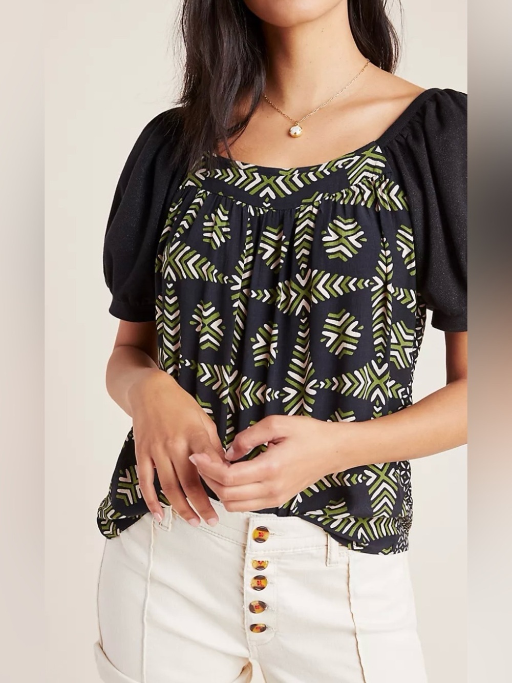 Maeve by Anthropologie Black & Green Geometric Puff-Sleeve Blouse - Size XS